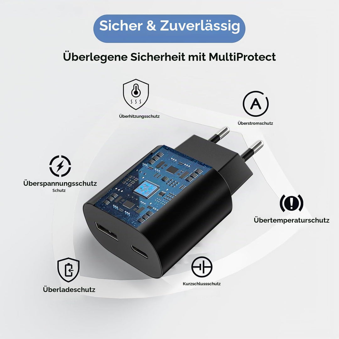 2er Pack USB C Ladegerät mit 2m Schnellladekabel 25W 2Port Schnellladegerät USB A &amp; USBC für Samsung