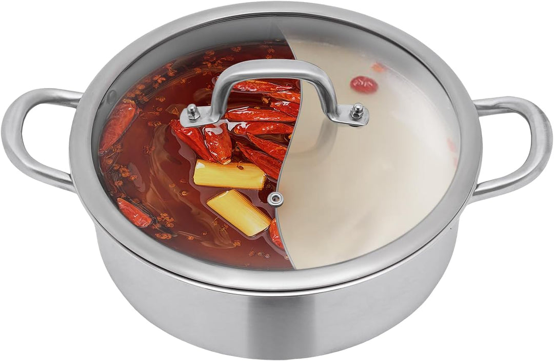 28cm Edelstahl Hot Pot Shabu Kocher Kochgeschirr Doppelseitig mit Suppenkellen & Deckel 2 Grid Shabu