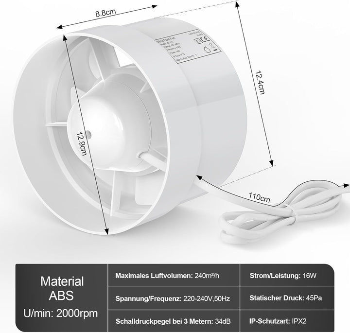 Rohrventilator 125mm, Rohrlüfter 320 m³/h, 34dB Leise, Abluftventilator Rohrlüfter 125mm, Rohrventil