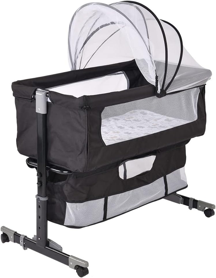 homewell 3 in 1 Babybett Beistellbett, Wiege mit Moskitonetz und Aufbewahrungskorb, Faltbares, Neigu