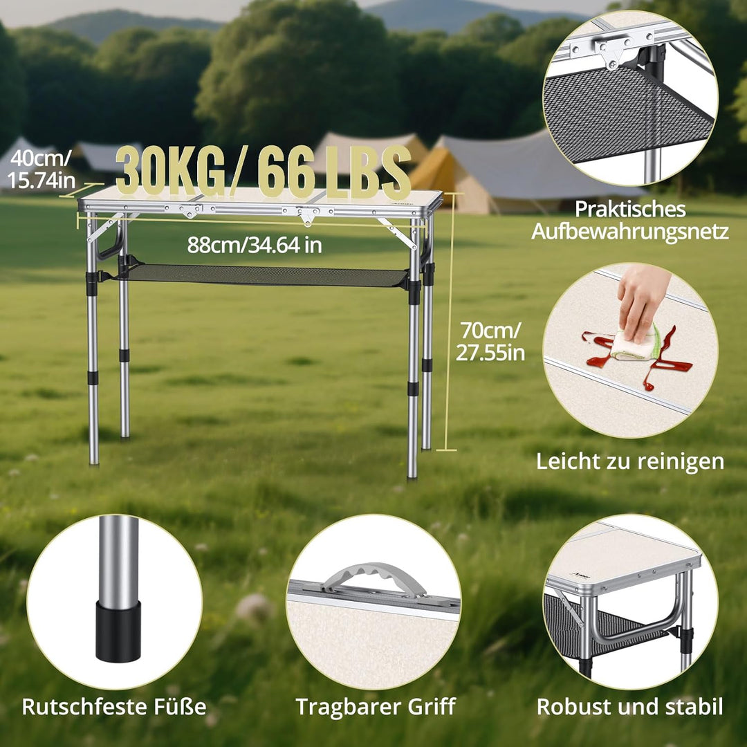 Anbte Campingtisch Klapptisch Aluminium 88x40cm (LxB) mit 3 Verstellbare Höhe Tragbar Picknicktisch