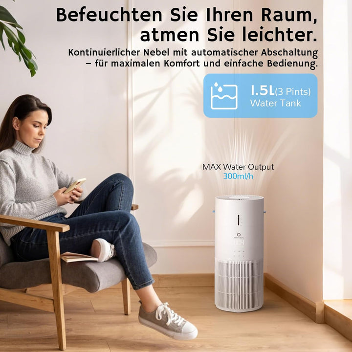 Airthereal 2-in-1 Luftreiniger mit Luftbefeuchter für bis zu 125 m², 3-Stufen-Filter, Luftqualitätsa