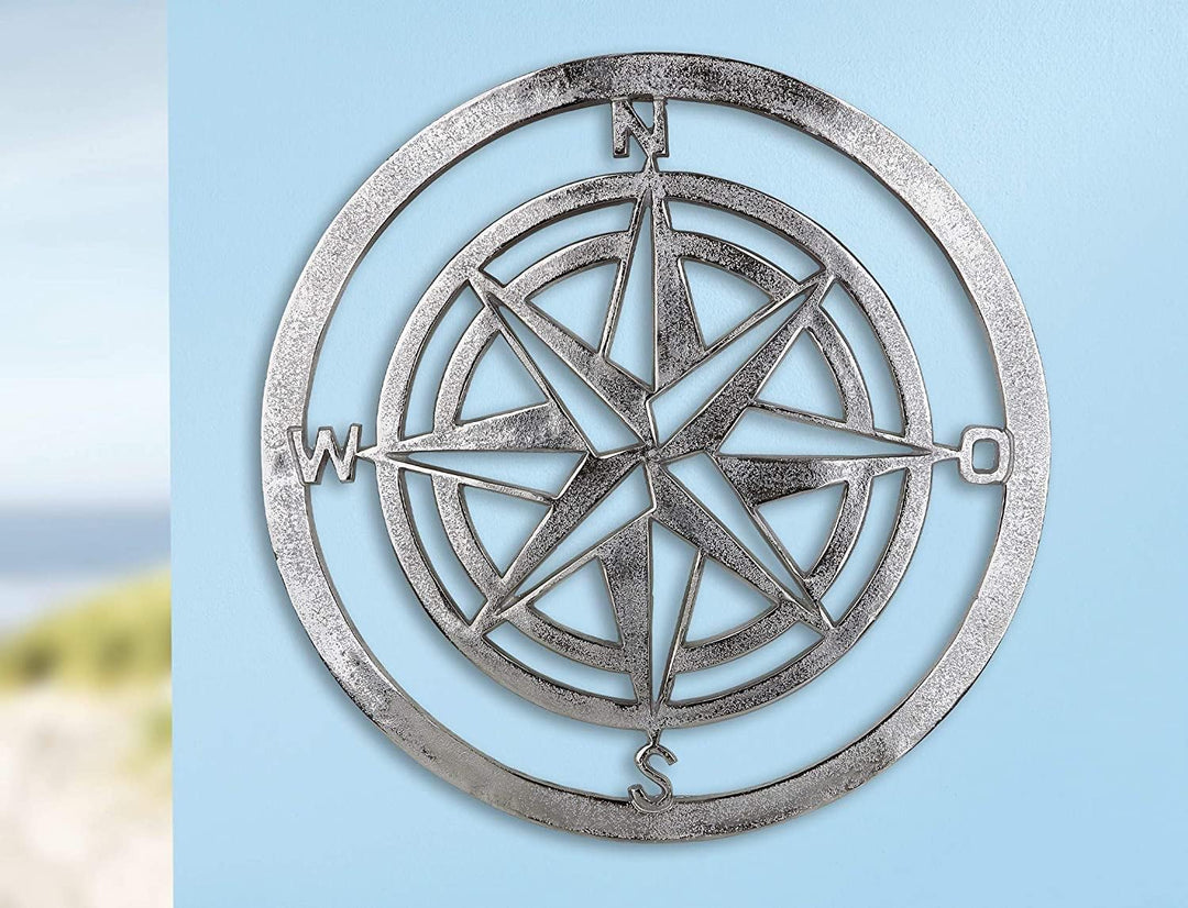 Seaside No.64 - Windrose/Kompass aus Metall oder Aluminium - Antikweiss silber - Wandrelief Wandobje