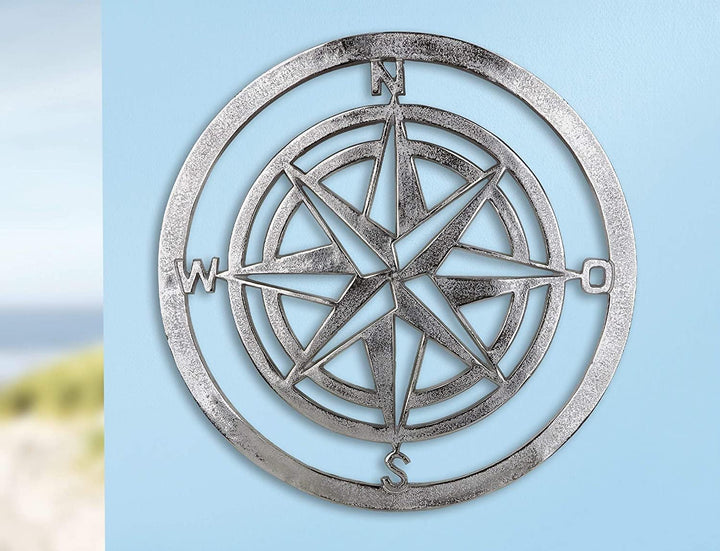 Seaside No.64 - Windrose/Kompass aus Metall oder Aluminium - Antikweiss silber - Wandrelief Wandobje