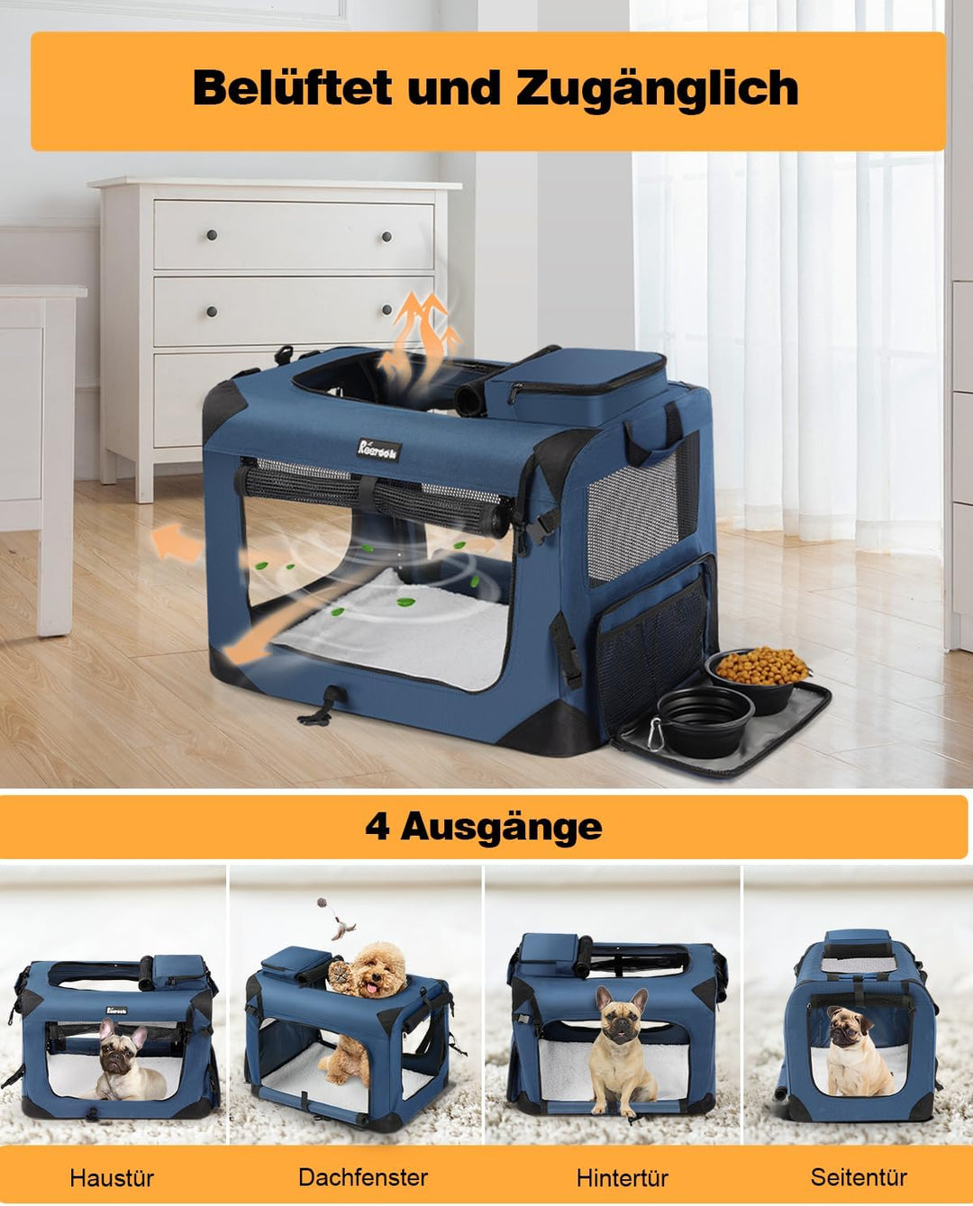Reerooh Hundebox M 60x42x42cm, Faltbar Hundetransportbox Inkl.Hundenapf, Tragbare Hundetasche für Re