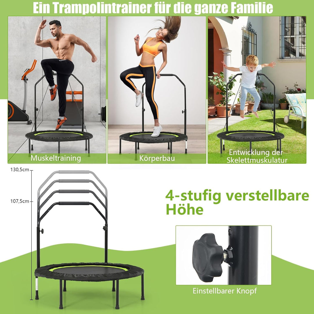 GOPLUS Fitnesstrampolin Indoor, φ101cm Mini Trampolin mit verstellbarem Griff, Bodentrampolin klappb