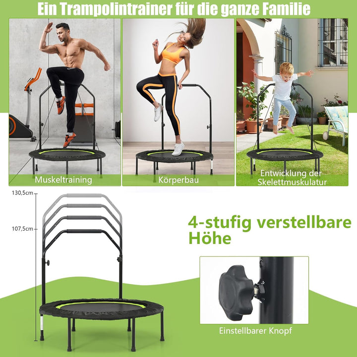 GOPLUS Fitnesstrampolin Indoor, φ101cm Mini Trampolin mit verstellbarem Griff, Bodentrampolin klappb