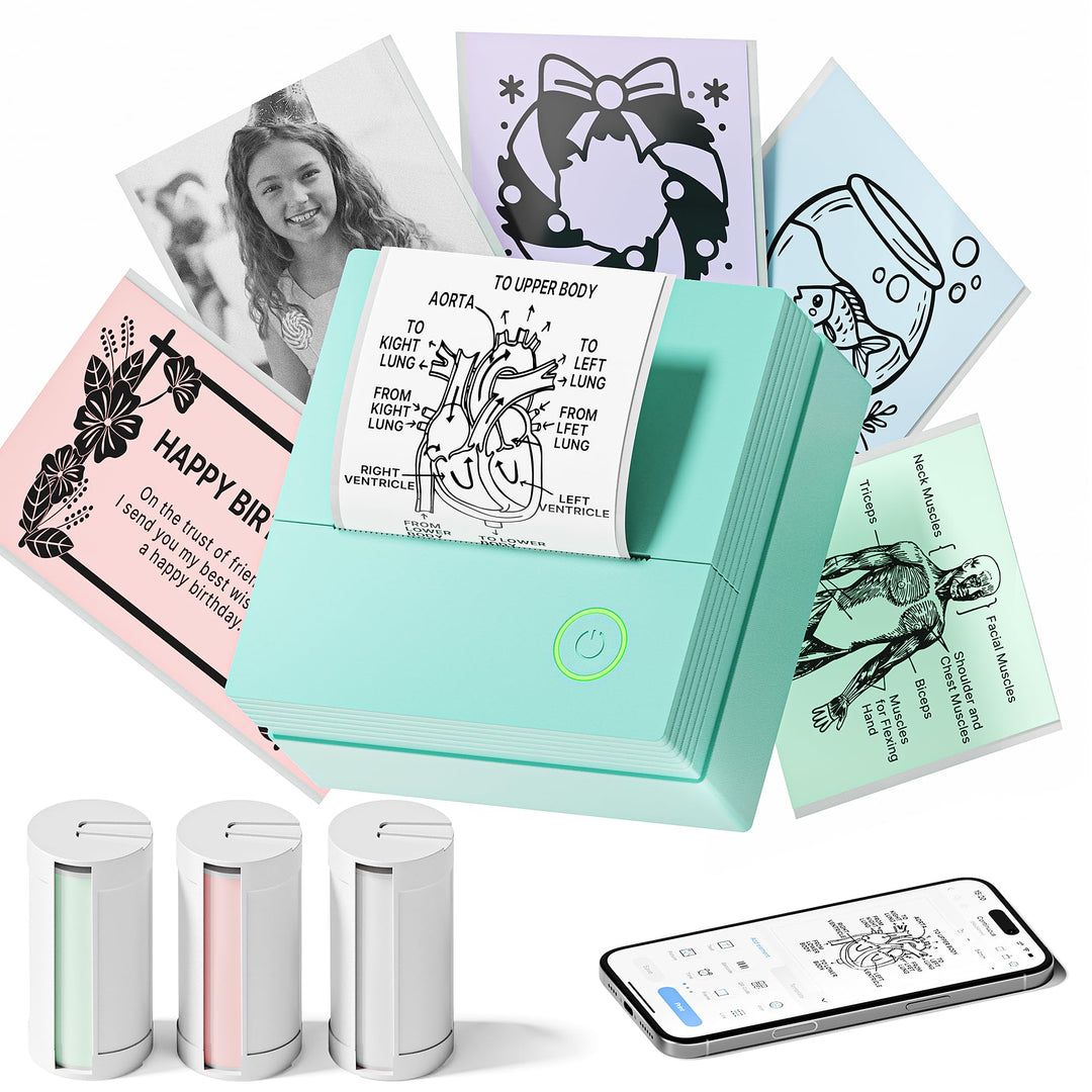 Sticker Drucker, PM290 Mini Drucker für Smartphone, Bluetooth Thermodrucker Mini mit 3 Rollen Papier