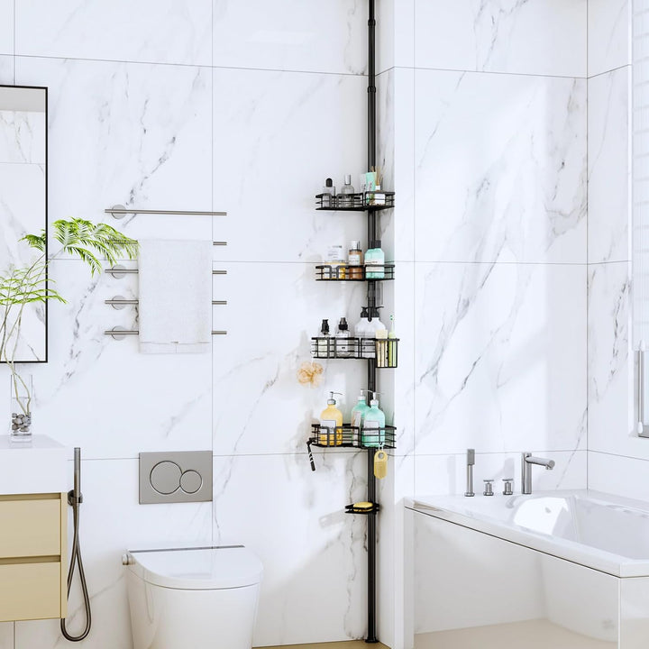 SWTYMIKI Duschregal Teleskop Dusche Teleskopstange - 4-Tier Teleskop Eckregal Dusche mit Seifenhalte