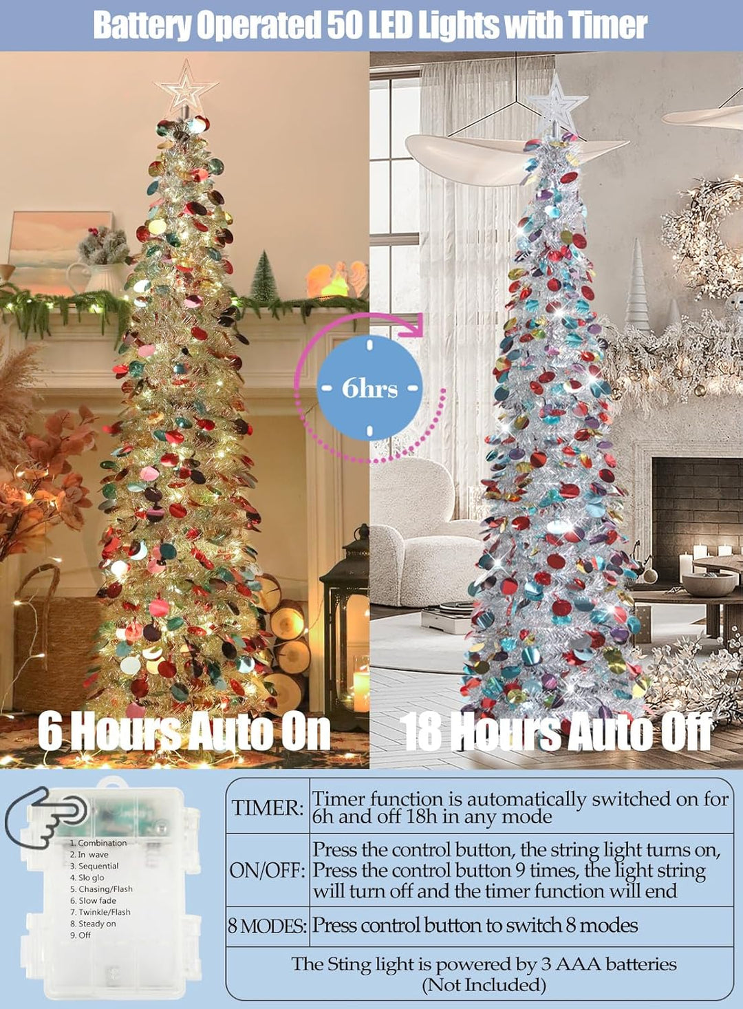 HMASYO 150 cm Pop-Up Lametta Weihnachtsbaum mit 50 Timer-Lichtern, Buntes Silber Zusammenklappbarer