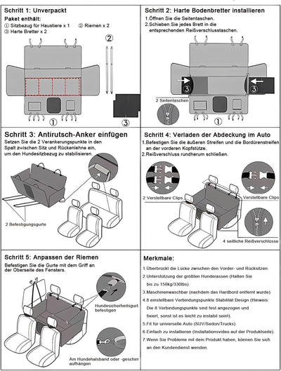 W&H Hundedecke Auto Rückbank mit Harter Unterseite, Universal Hundesitzbezug für Auto Rückbank mit S