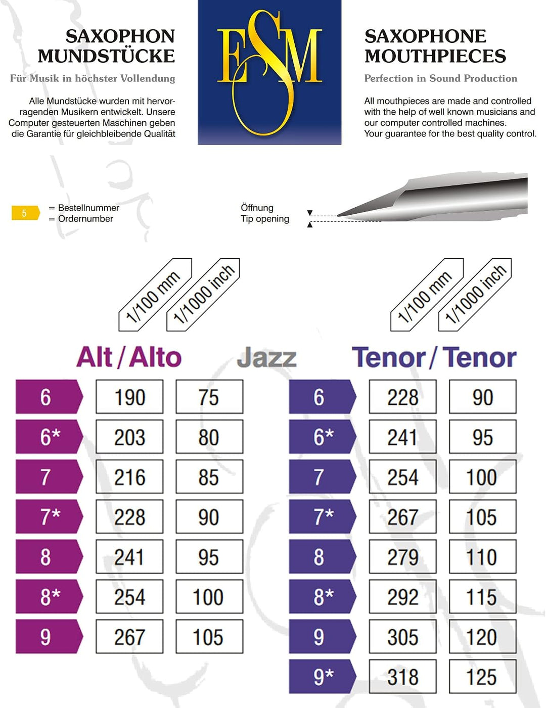 ESM® Schreiber Jazz Mundstück für Tenorsaxophon - mit Metallring (Bahnöffnung 6*) - Made in Germany