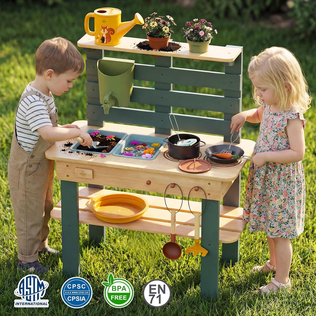 Lehoo Castle Holz Outdoor Matschküche für Kinder, Spielküche mit Echtem Waschbecken Küchenzubehör, G
