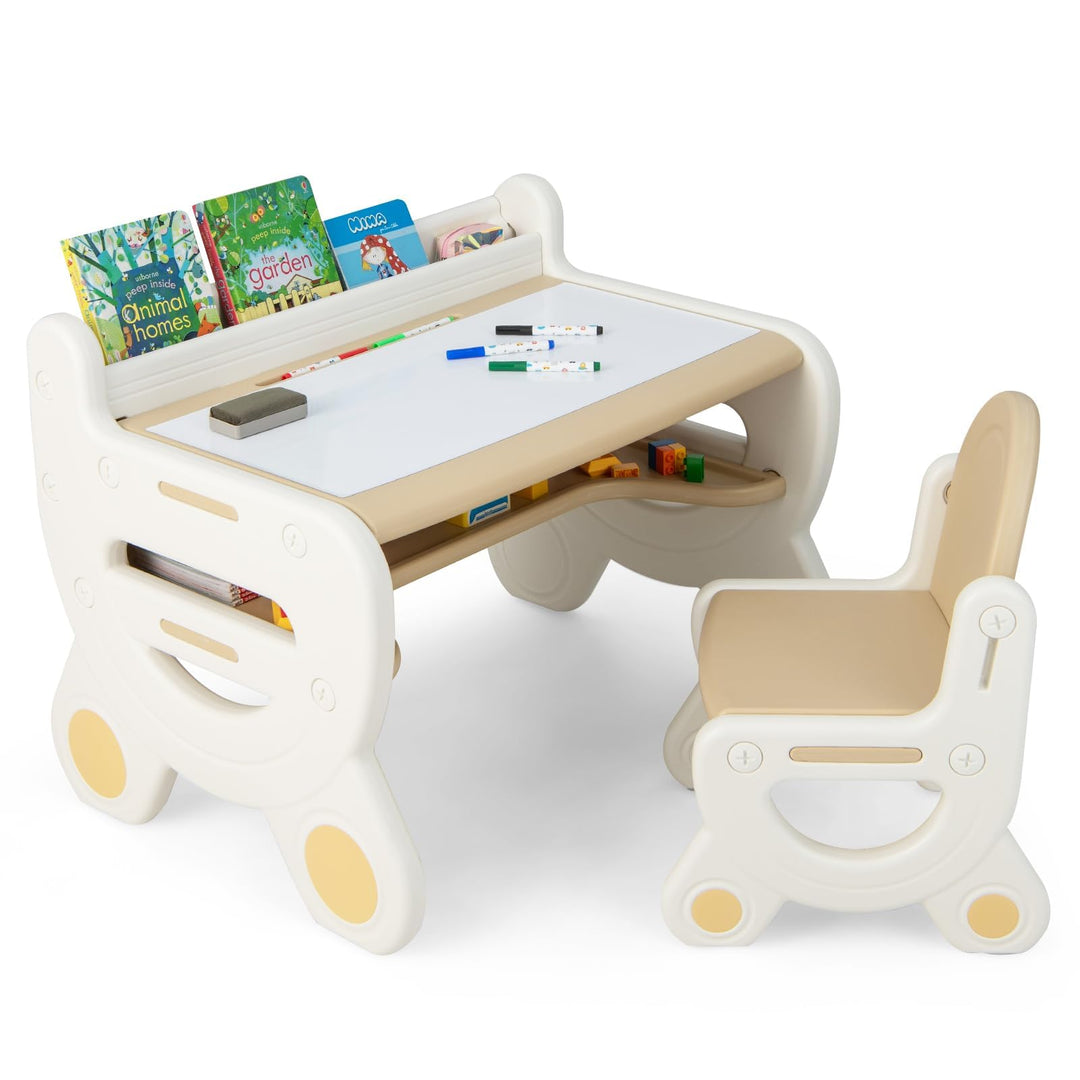 FANTASK Kinder Sitzgruppe mit höhen- und neigungsverstellbarer Tischplatte, Tisch mit Hocker, zum Ze