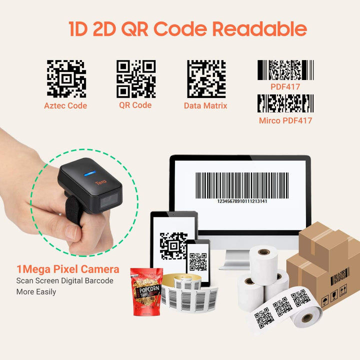 Tera Pro Series Mini CMOS Ring Barcode Scanner 1D 2D QR Barcode Scanner Wireless Bluetooth & Wireles