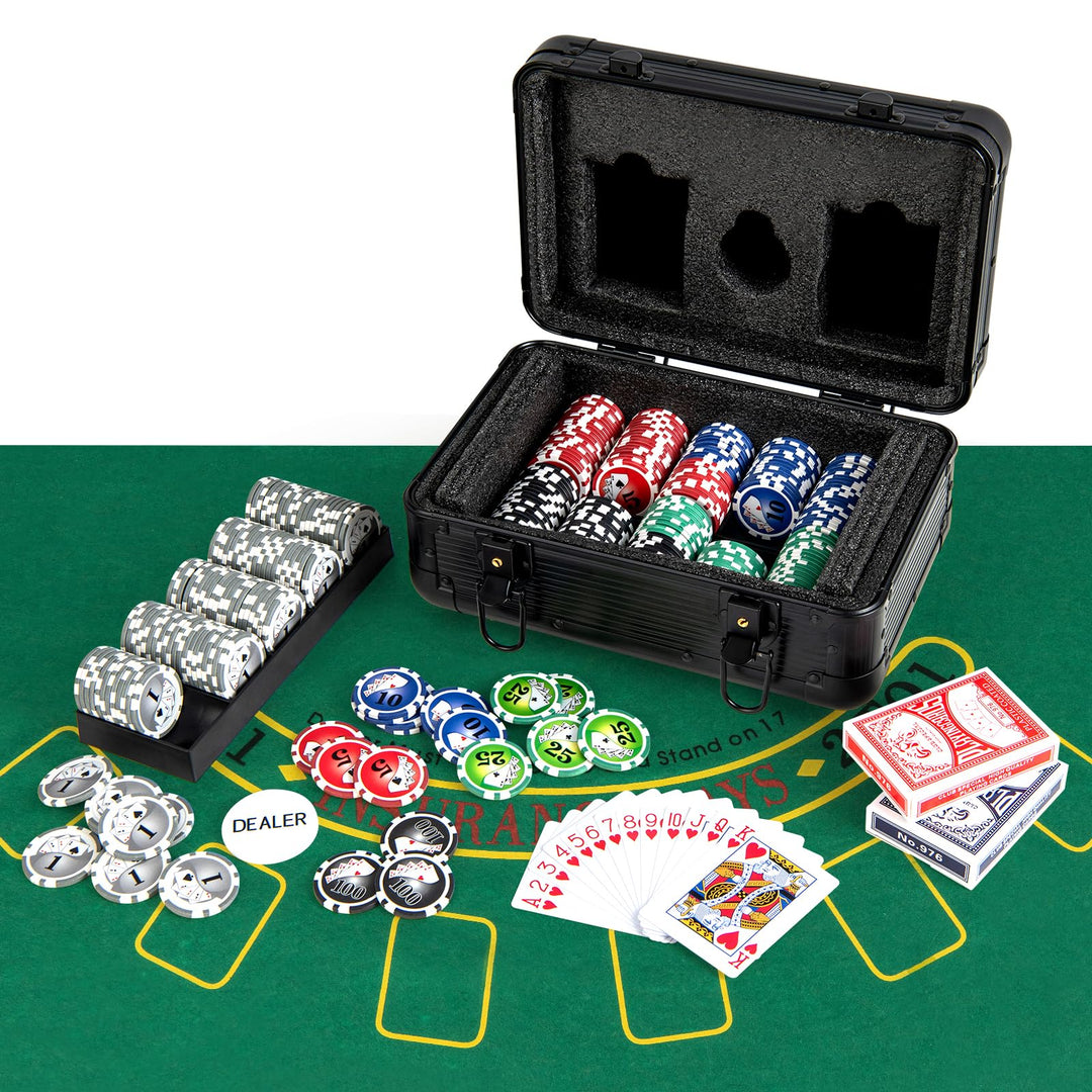 DREAMADE Pokerkoffer mit 300 Pokerchips & Spielmatte & Dealer-Button & 2 Kartendecks, Komplett Poker