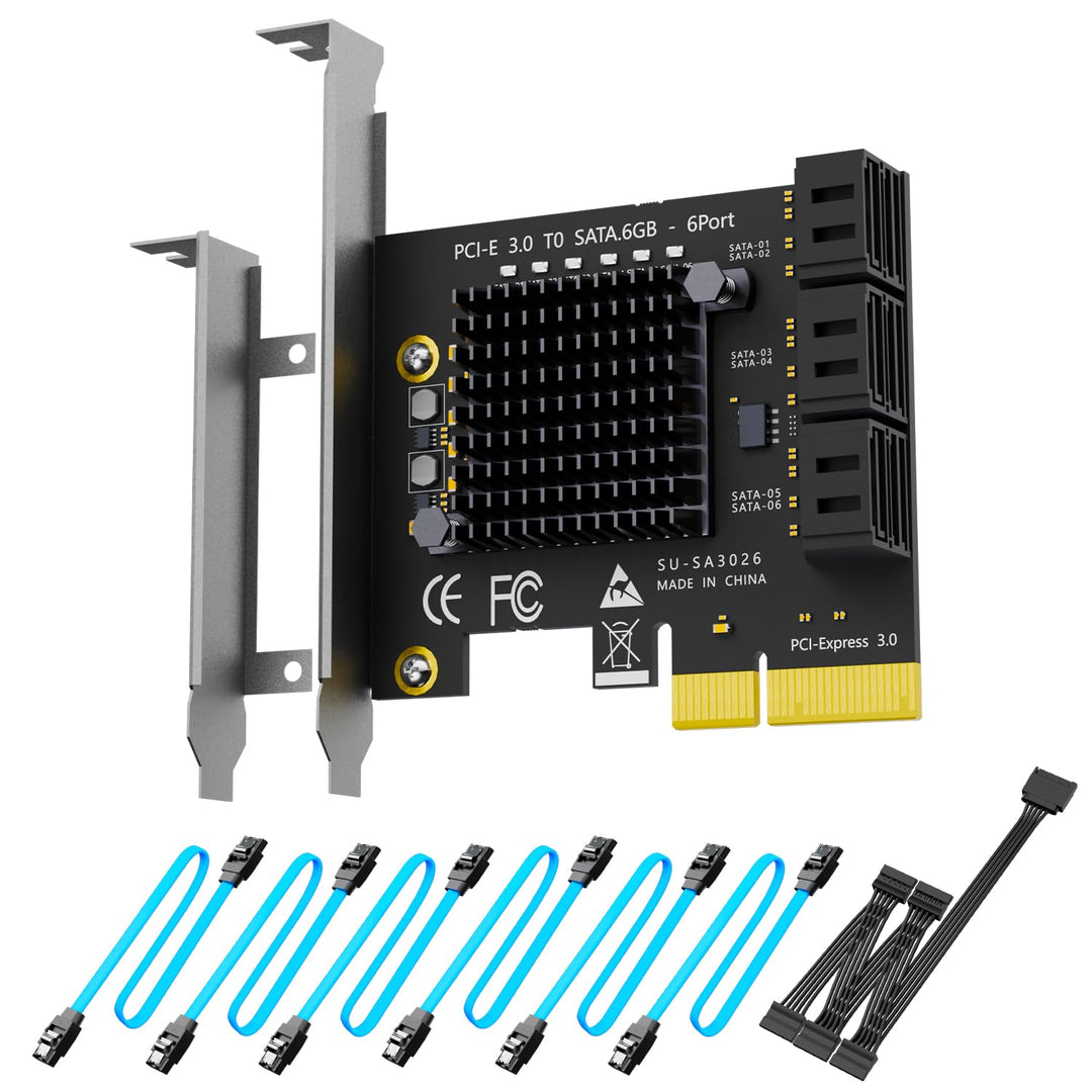 GLOTRENDS SA3026 6 Ports PCIe X4 SATA Erweiterungskarte, inklusive SATA Kabel und 1:5 SATA Splitter
