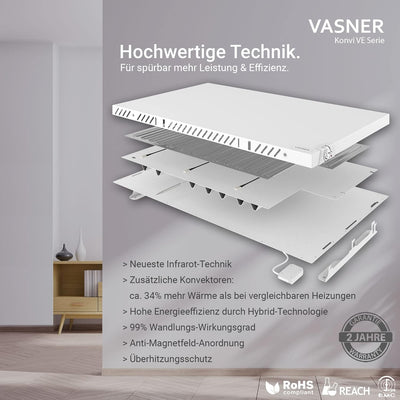 VASNER Konvi VE Hybridheizung vertikal – Hybrid Elektroheizung mit Thermostat, vertikales Design, 90