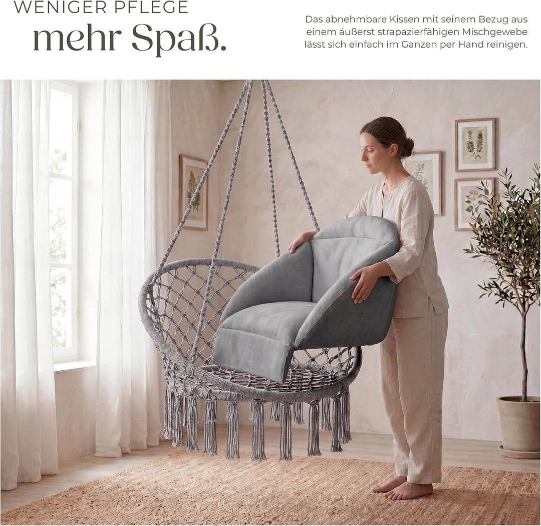 tectake® Hängesessel, Hängeschaukel mit dicken Kissen &amp; Quasten, Boho Hängekorb Ø 80 cm, Hängesessel