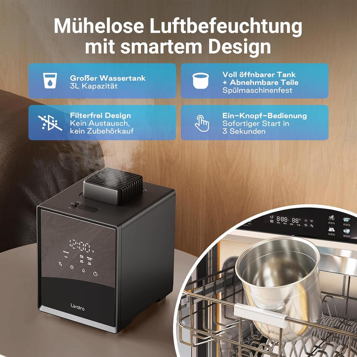 Luftbefeuchter Schlafzimmer Top-Fill, 3L Edelstahl Warmnebel Luftbefeuchter, Reduziert 99,97% der Ba