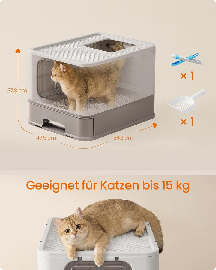 Feandrea Katzenklo Edelstahl, Katzentoilette, mit Deckel, ausziehbares Tablett, Schaufel, Bürste, fü