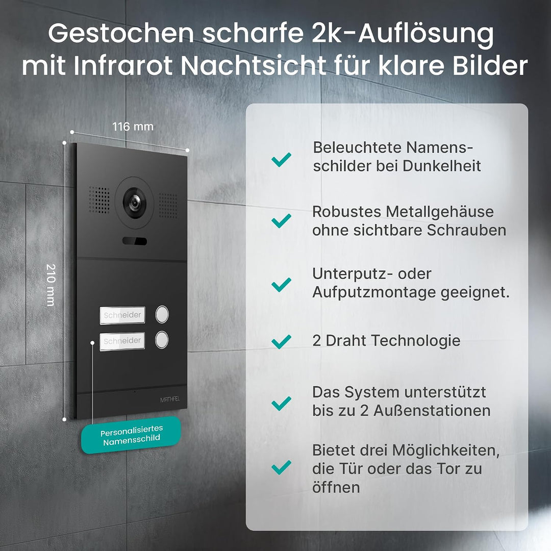 Mathfel 2-Draht IP Video-Türsprechanlage mit Türöffner – Full-HD Kamera, 10" Monitor & App-Steuerung