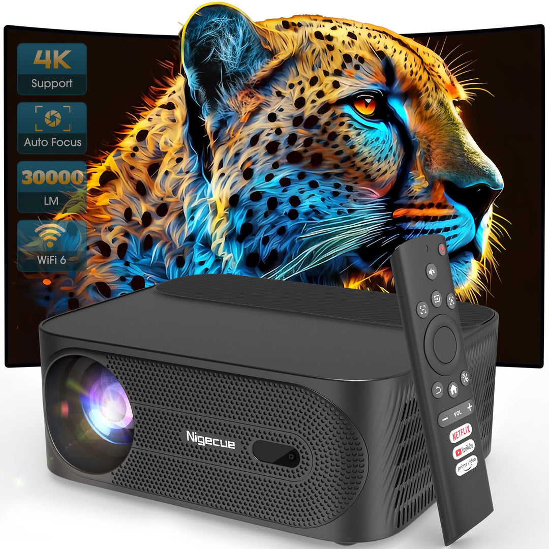 Nigecue Beamer 4K [Netflix Official & Dolby Audio], Autofokus/Auto Trapezkorrektur 30000L WiFi6 Blue
