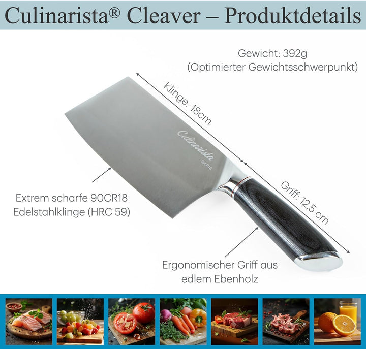 Cleaver – Hackmesser mit 18 cm Klinge aus Edelstahl, Ebenholzgriff, scharfes Profi Küchenmesser für