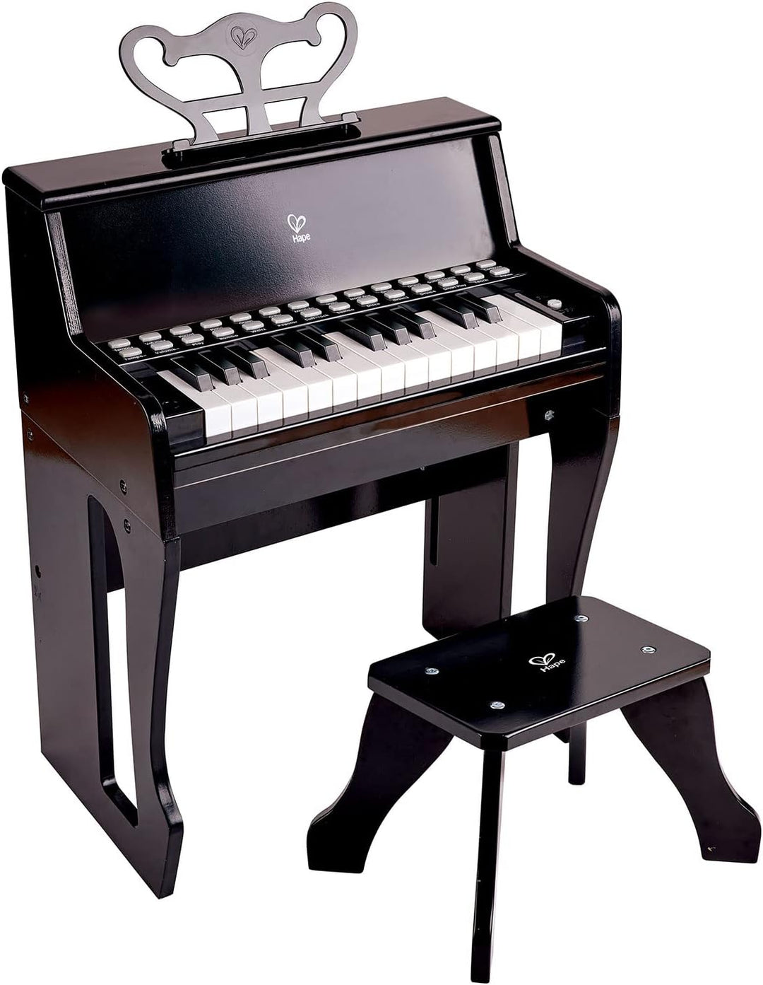 Hape Leuchttasten-Piano mit Hocker und Notenhalter, Musikspielzeug aus Holz, ab 3 Jahren, Schwarz