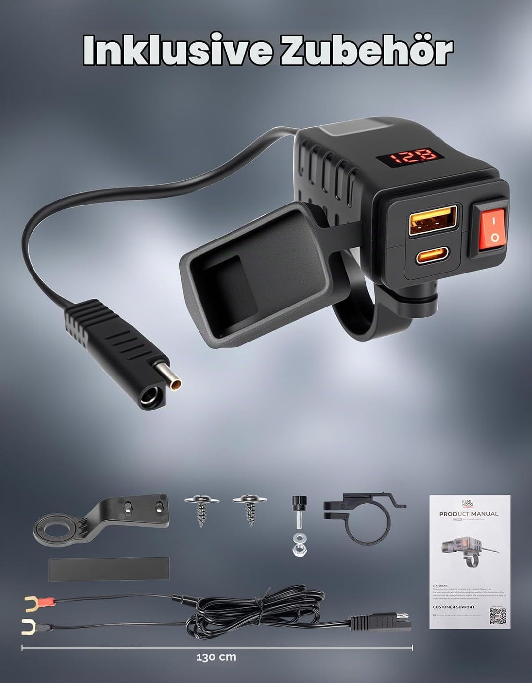 KEMIMOTO Motorrad USB Ladegerät, USB-A Type-C mit EIN/Aus-Schalter und LED-Spannungsmesser, IP66, 2