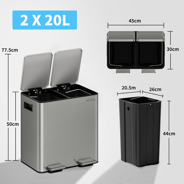 mVm Mülleimer Küche,40 Liter Treteimer,2 x 20 Liter Treteimer, 2 Fächer, Mülltrennsystem, Abfalleime