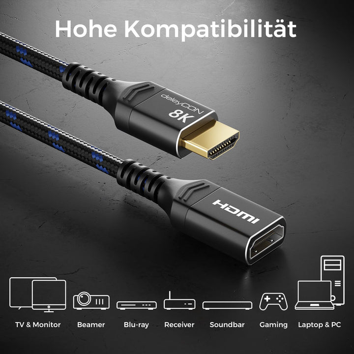 deleyCON 5m 8K HDMI 2.1 Verlängerungskabel - für TV, Monitor, PS4, PS5, Xbox, Dolby Atmos Soundbar e