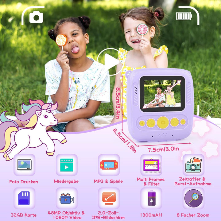 Dhapy sofortbildkamera Kinder, 48MP Kinderkamera Sofortbildkamera mit Druckpapier & 32 G TF Karte, 1