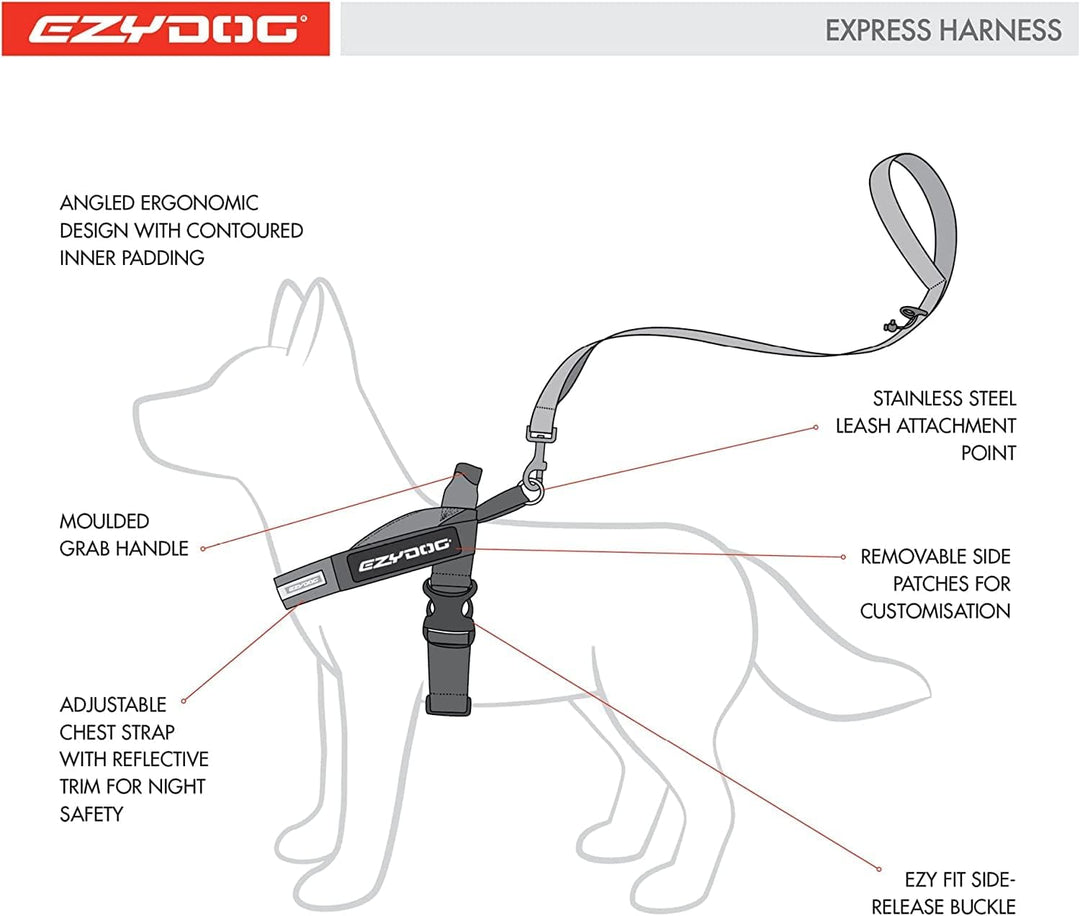 EzyDog Express Hundegeschirr - Norwegergeschirr für Kleine, Mittelgrosse und Grosse Hunde, Reflektie