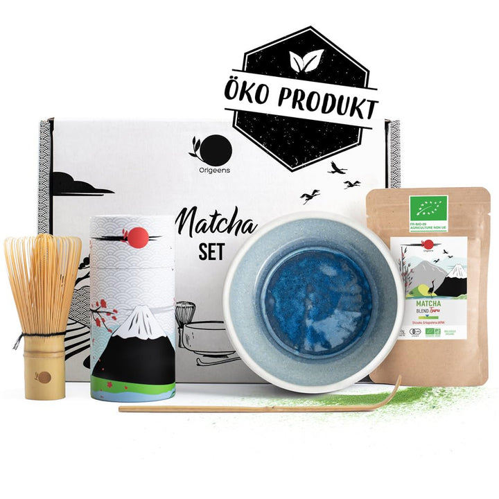 Origeens MATCHA SET MIT PULVER „AZUR“ - Handgefertigte Matcha-Schale (Portugal), Matcha-Besen, Bambu