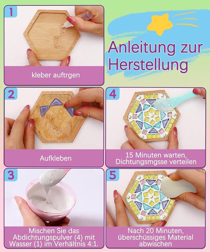 Finsink Mosaik bastelset kinder 8pcs mosaik untersetzer bastelset diy holz untersetzer Set Mosaikste