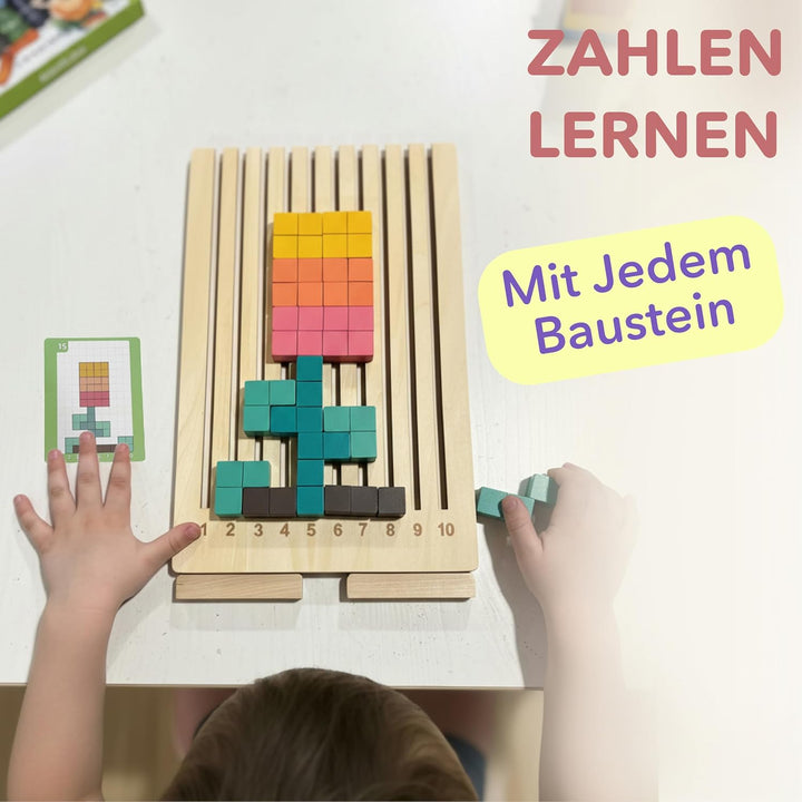 Montessori Holzpuzzle Tetris-Stil – 42 Teile Gehirntraining Blöcke mit nummeriertem Brett (1-10) & 1