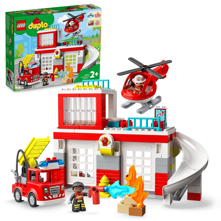 LEGO 10970 DUPLO Feuerwehrwache mit Hubschrauber, Feuerwehr-Spielzeug für Kleinkinder ab 2 Jahre mit