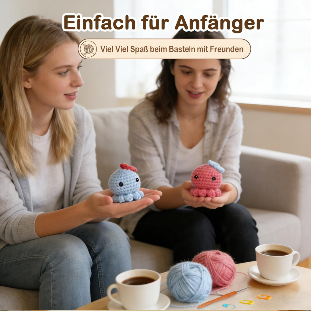 Ktmeor Häkelset für Anfänger, Häkeltier-Set, 2 Oktopus für Erwachsene und Kinder, mit Schritt-für-Sc