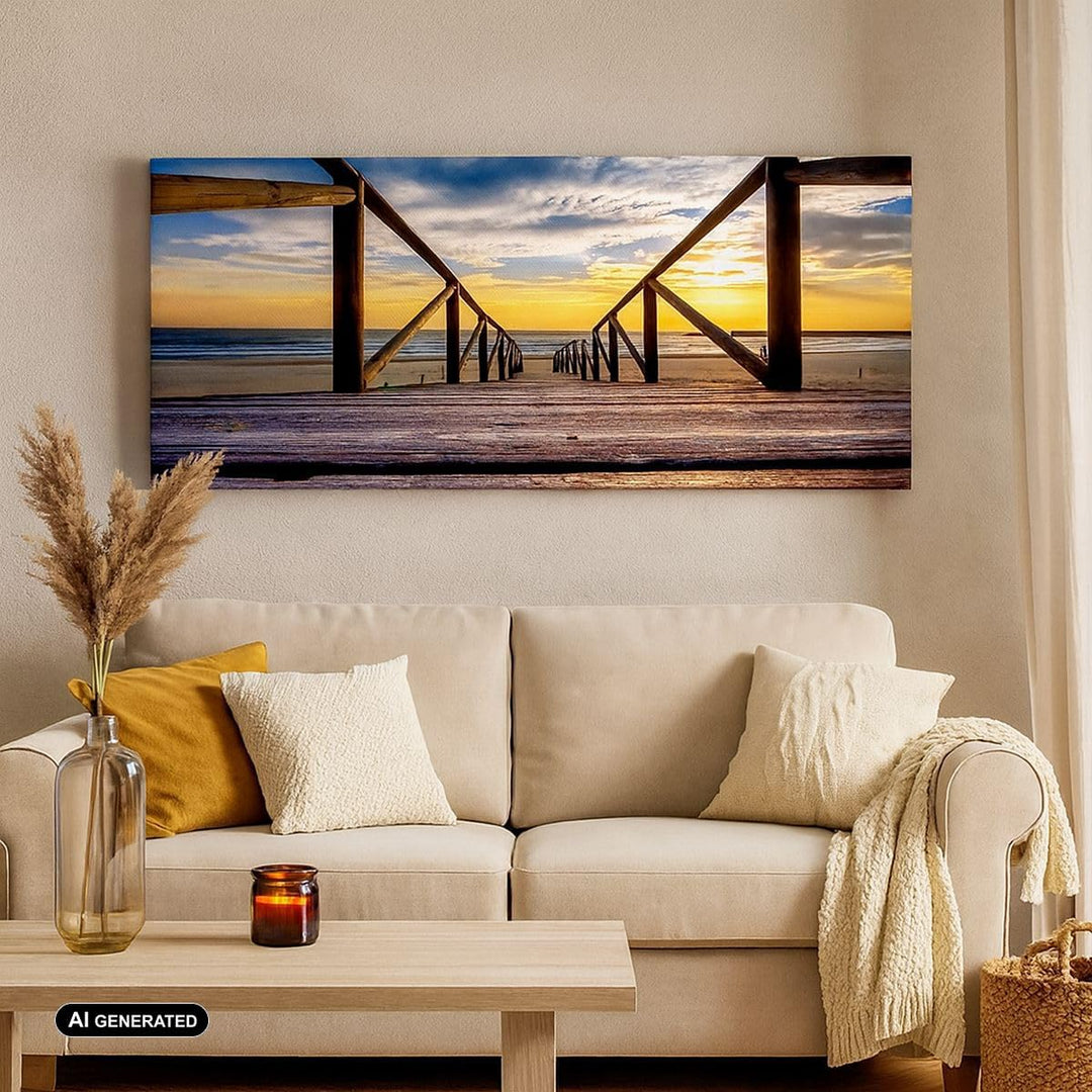 Wandbilder Dekoration Wohnzimmer Strand Ozean Sand Holzbrücke Sonnenuntergang Bilder auf Leinwand 12