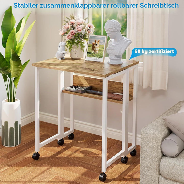 GreenForest Kleiner Schreibtisch Klappbar, 63 cm Klappschreibtisch mit Rollen, Einfache Montage Klap