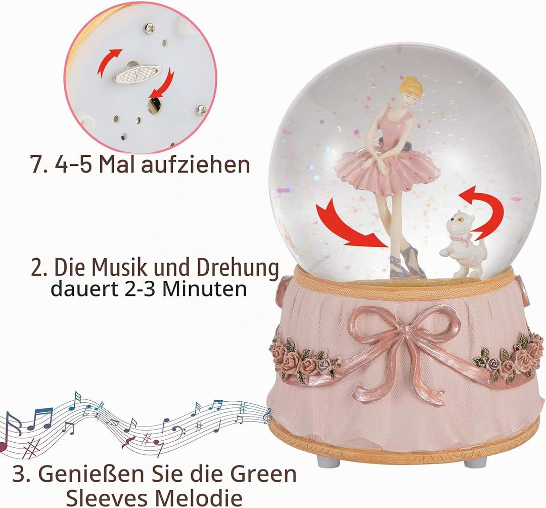 Dreamwizor Ballerina Schneekugel spielt Greensleeves Musik Ballett tanzendes Mädchen mit Welpen roti