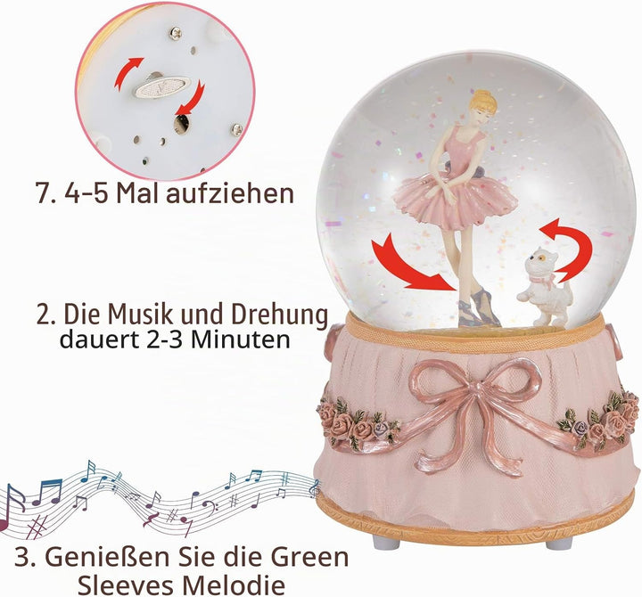 Dreamwizor Ballerina Schneekugel spielt Greensleeves Musik Ballett tanzendes Mädchen mit Welpen roti