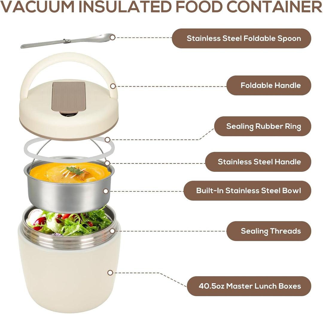 Cozary Thermobehälter für Essen 1200ml, Edelstahl 304 mit Löffel, Absolut Dicht, Hält 7 Stunden Heis