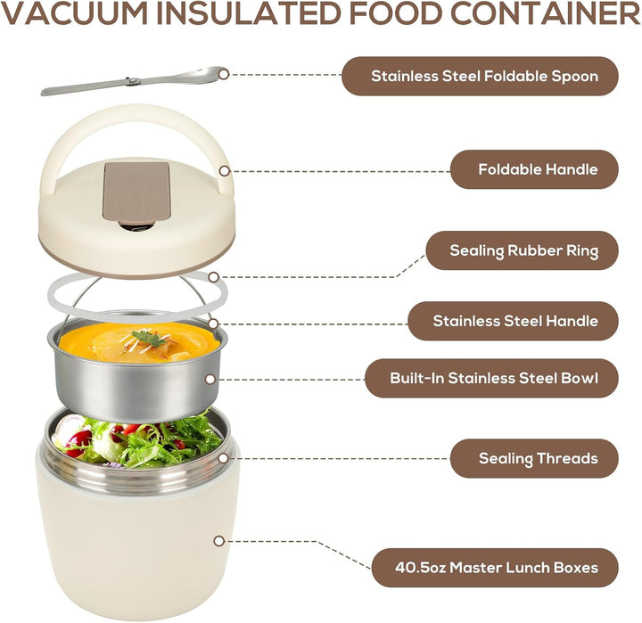 Cozary Thermobehälter für Essen 1200ml, Edelstahl 304 mit Löffel, Absolut Dicht, Hält 7 Stunden Heis