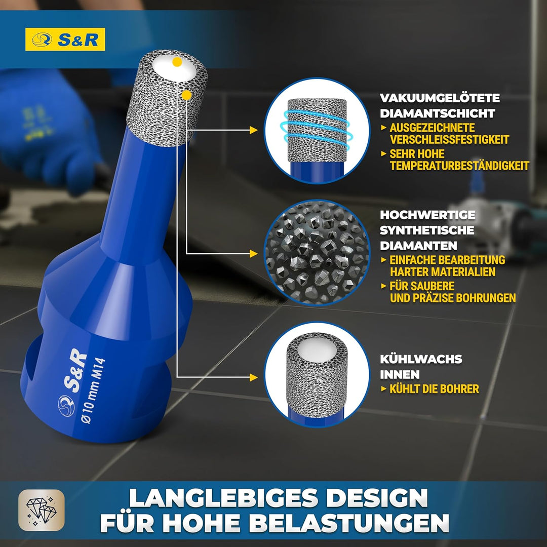 S&R Professional 2-tlg Diamantbohrer M14, Diamant Fliesenbohrer Set 10mm für Winkelschleifer, für Ha
