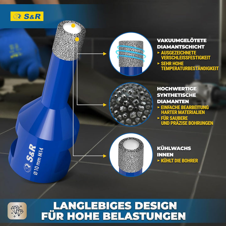 S&R Professional 2-tlg Diamantbohrer M14, Diamant Fliesenbohrer Set 10mm für Winkelschleifer, für Ha