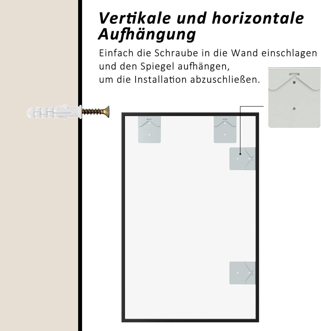 Goezes Schwarz Wandspiegel 60x100 cm Spiegel mit Metallrahmen, Rechteckig Dekorative HD Spiegel Bads
