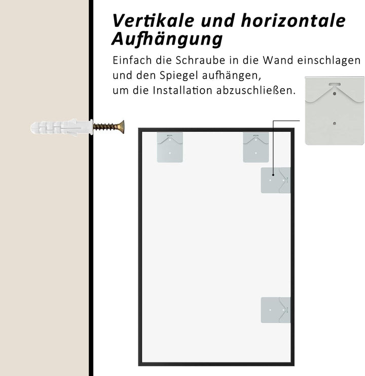Goezes Schwarz Wandspiegel 60x100 cm Spiegel mit Metallrahmen, Rechteckig Dekorative HD Spiegel Bads