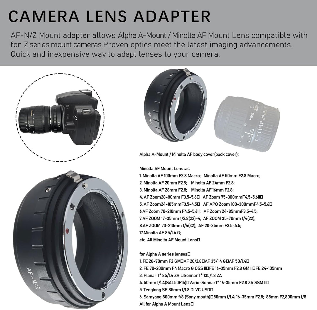 AF-Niko Z Objektivadapter Adapterring,für Minolta AF Objektiv/Sony A Objektiv Kompatibel für Nikon Z